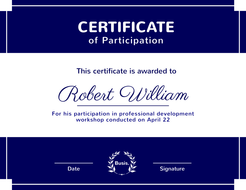 Ontwerpsjabloon van Certificate van Filled Form Of Achievement Award In Participation Development Workshop