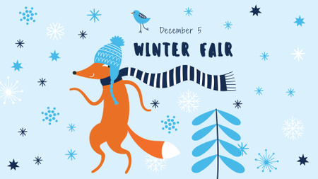 Winter Fair Announcement with Cute Fox in Scarf FB event cover Design Template