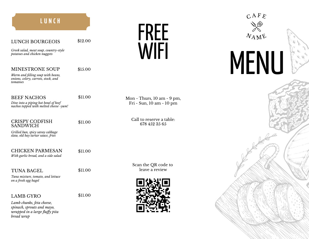 Modèle de visuel Café Dishes List With Lunches - Menu 11x8.5in Tri-Fold