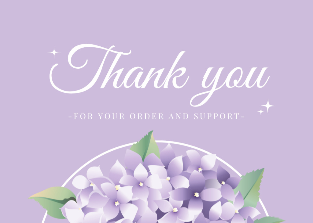 Designvorlage Thank You For Your Purchase Message with Lilac Flowers für Postcard 5x7in