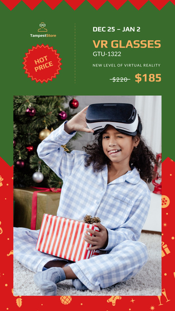 Modèle de visuel Christmas Sale Girl with Gift in VR Glasses - Instagram Story
