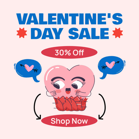 Excited Heart Character And Discounts Due Valentine's Day Animated Post Design Template