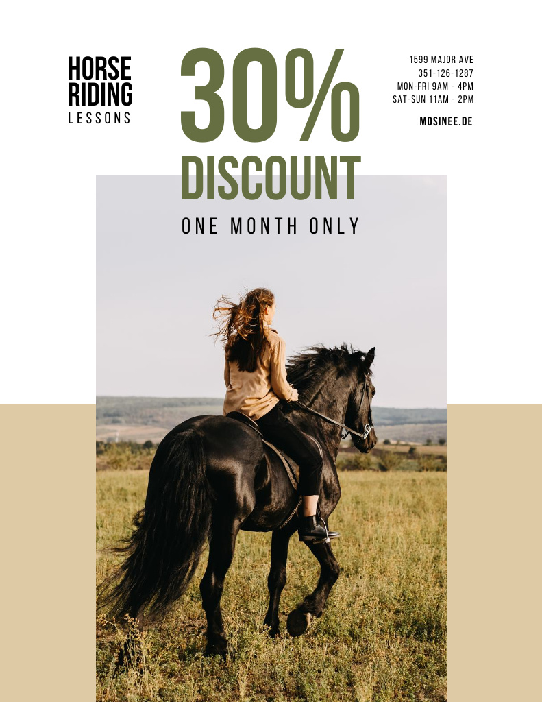 Riding School Ad with Woman on Horse in Field Poster 8.5x11in Design Template