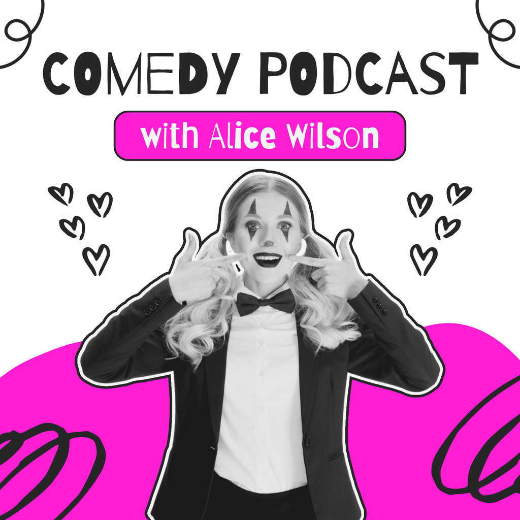 Comedy Episode Announcement with Woman showing Pantomime Podcast Cover Modelo de Design