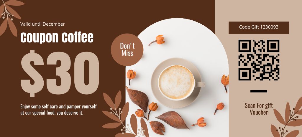 Coffee Shop Gift Voucher With Promo Code Coupon 3.75x8.25inデザインテンプレート