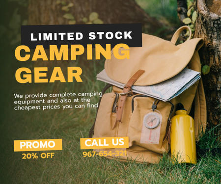 Plantilla de diseño de Camping Gear Ad with Backpack Medium Rectangle 