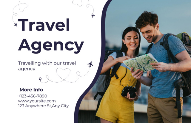 Travel Agency Offer with Happy Tourists Thank You Card 5.5x8.5in Šablona návrhu