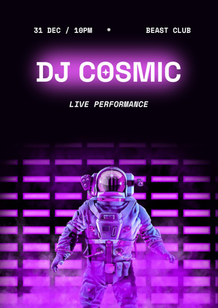 Party Announcement with Astronaut in Neon Light Flyer A6 Design Template