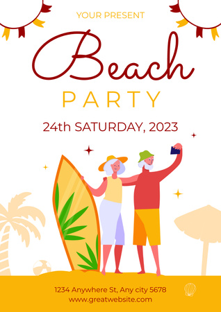 Designvorlage Beach-Party-Ankündigung mit Surfbrett für Poster