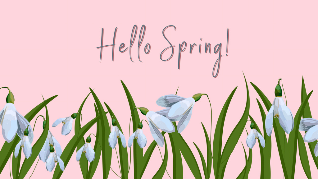 Hello Spring Text with Snowdrops Zoom Background Modelo de Design