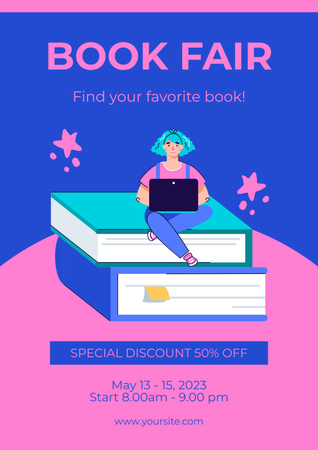 Kék és lila könyvvásári hirdetés Poster tervezősablon