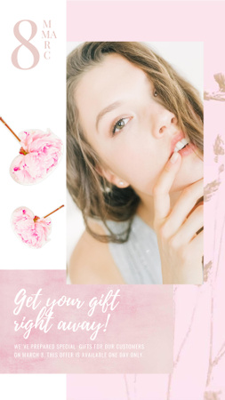 Woman's Day Greeting Young Girl Pink Flowers Instagram Video Storyデザインテンプレート
