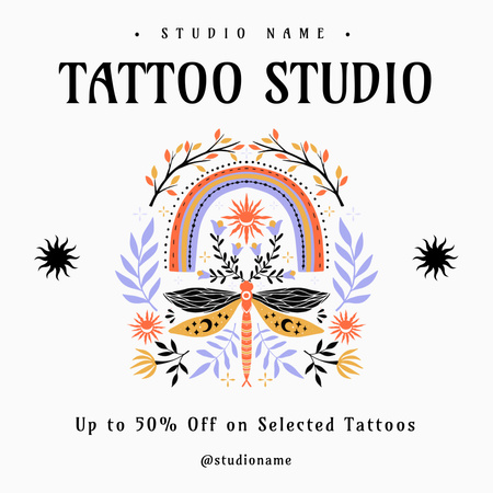 Colorful Illustration With Discount For Tattoos In Studio Instagram Design Template