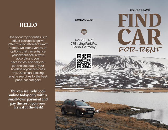 Car Rent Ad with Snowy Hill Brochure 8.5x11in Design Template