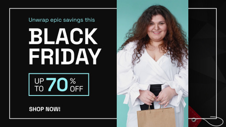 Platilla de diseño Black Friday Sale with Woman showing Purchase Full HD video