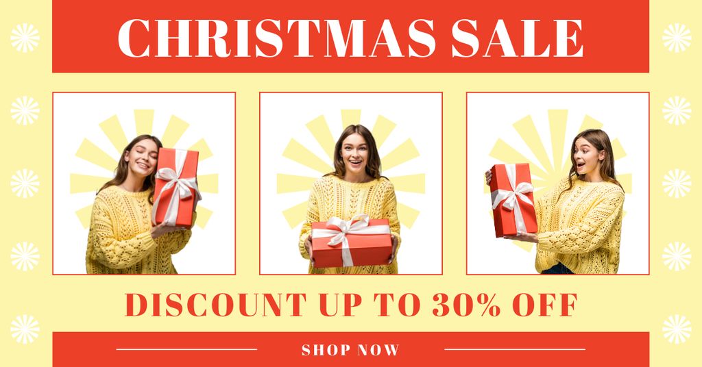 Template di design Woman with Christmas Gift Yellow Collage Facebook AD