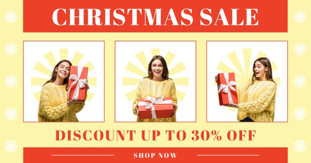 Woman with Christmas Gift Yellow Collage Facebook AD Modelo de Design