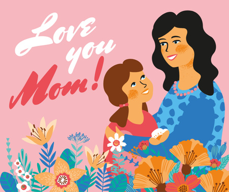 Illustrated Cheers On Mother's Day With Mom and Daughter Facebook Design Template
