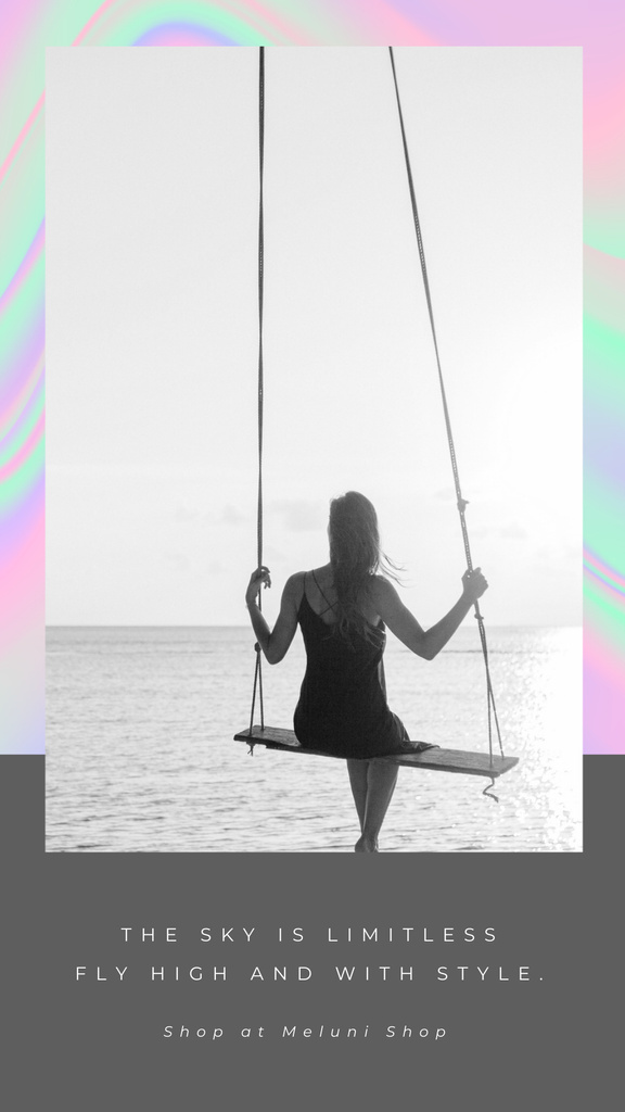 Szablon projektu Fashion Ad with Girl on swing by the Ocean Instagram Story