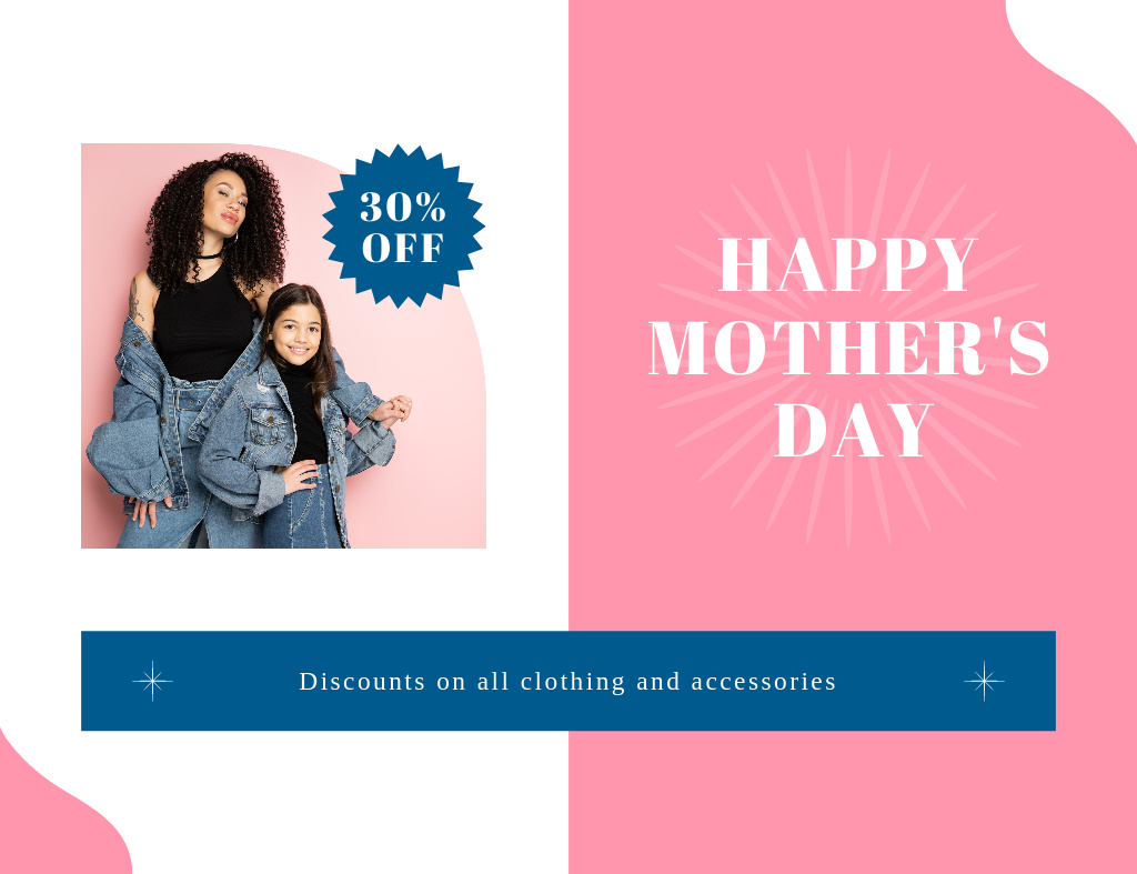 Mom and Girl in Denim Clothes on Mother's Day Thank You Card 5.5x4in Horizontalデザインテンプレート