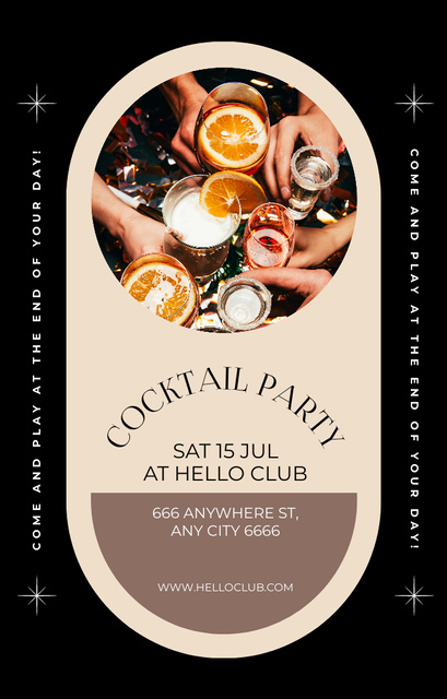 Cocktails Party Ad on Black and Beige Invitation 4.6x7.2in Šablona návrhu