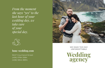 Wedding Agency Ad with Happy Newlyweds in Majestic Mountains Brochure 11x17in Bi-fold Design Template