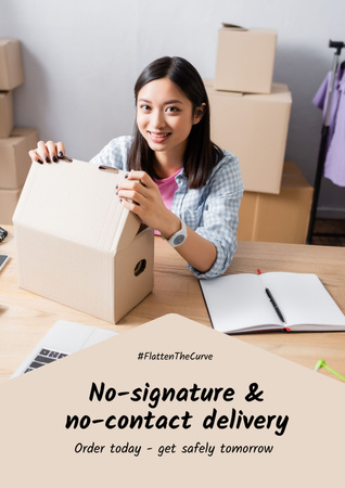 Template di design #FlattenTheCurve Delivery Services offer Woman with boxes Poster