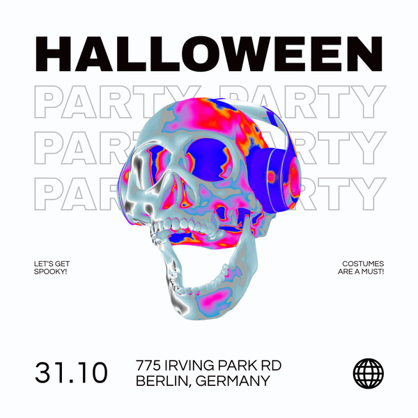 Halloween Party Ad with Skull in Headphones