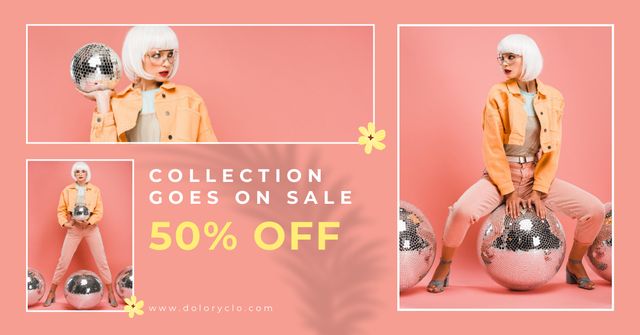 Plantilla de diseño de Collection Sale with Girl Sitting on Shiny Ball Facebook AD 