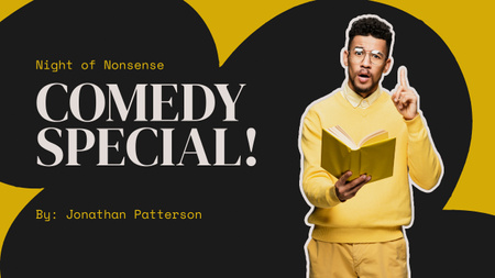 Comedy Show Promotion with Man holding Book Youtube Thumbnail Design Template