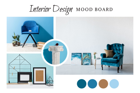 Kollaasi sisustussuunnittelusta, sininen Mood Board Design Template
