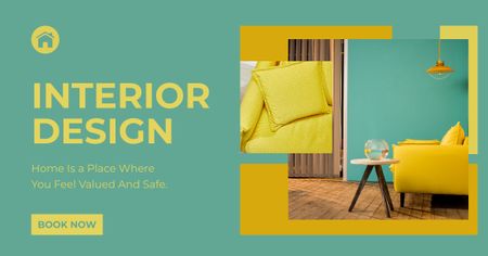 Interior Design Ad with Bright Yellow Sofa Facebook AD – шаблон для дизайну