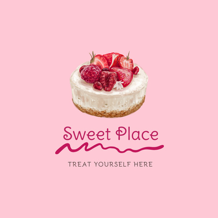 Bakery Ad with Sweet Strawberries on Cake Logo Design Template