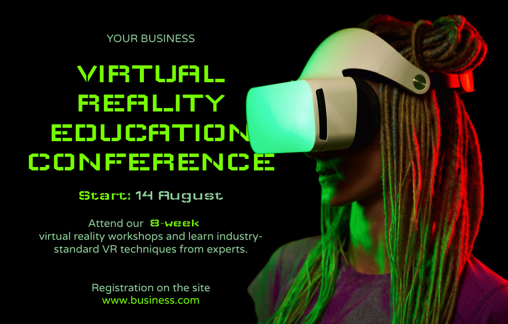 Virtual Reality Conference Announcement with Green Light on Black Invitation 4.6x7.2in Horizontal Design Template