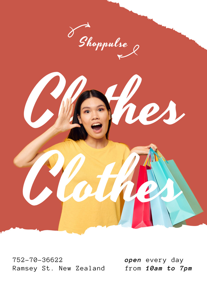 Fashion Boutique Ad with Happy Woman on Shopping Poster Modelo de Design
