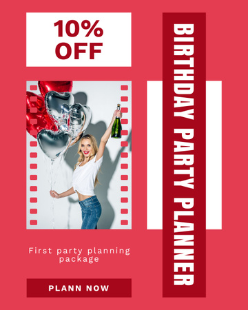 Plantilla de diseño de Planificación de fiesta de cumpleaños con mujer joven con champán Instagram Post Vertical 