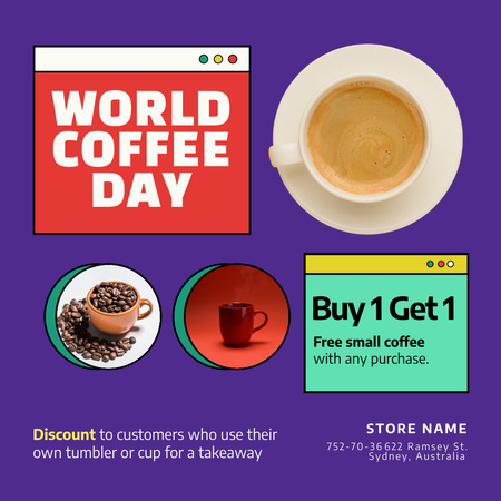 Фиолетовое поздравление с Всемирным днем кофе Instagram – шаблон для дизайна