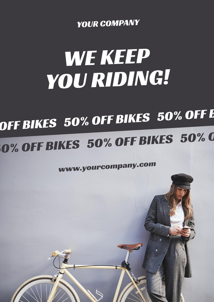Bicycle Sale Announcement with Stylish Woman Poster Tasarım Şablonu