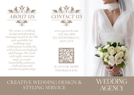 Ontwerpsjabloon van Brochure van Aanbieding voor huwelijksplanning met bruid die een boeket witte bloemen vasthoudt