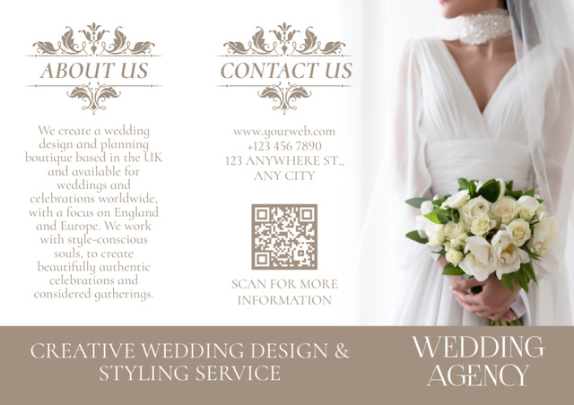 Wedding Planning Offer with Bride Holding Bouquet of White Flowers Brochure Πρότυπο σχεδίασης