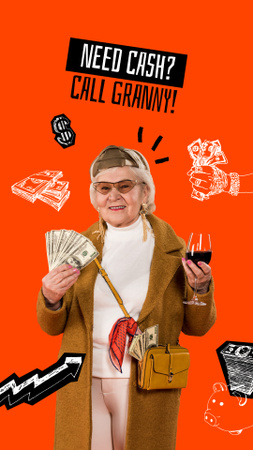 Szablon projektu zabawna babcia trzyma dolary i wino Instagram Story