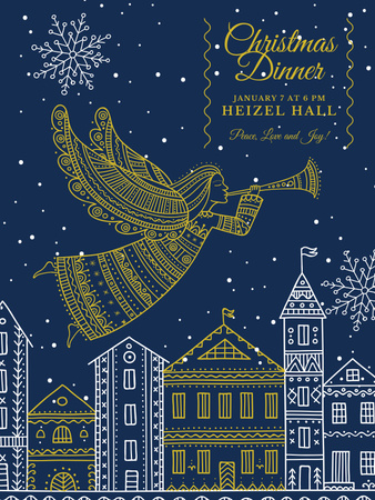 Designvorlage Weihnachtsessen-Einladungs-Engel, der über Stadt fliegt für Poster US