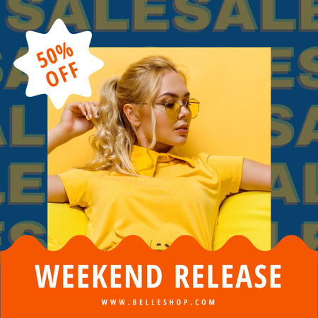 Weekend Sale Ad with Woman in Yellow Tshirt Instagram Design Template