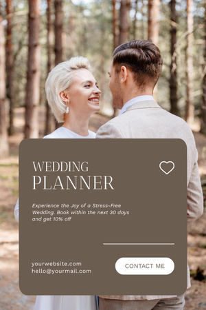 Plantilla de diseño de Anuncio de planificador de bodas con pareja joven en el bosque Pinterest 