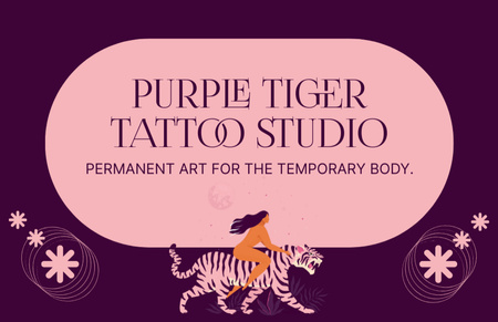 Akılda kalıcı Sloganı ile Tiger Tattoo Studio Hizmetleri Business Card 85x55mm Tasarım Şablonu