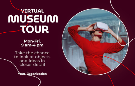 Anúncio de tour virtual pelo museu com mulher no Viva Magenta Invitation 4.6x7.2in Horizontal Modelo de Design