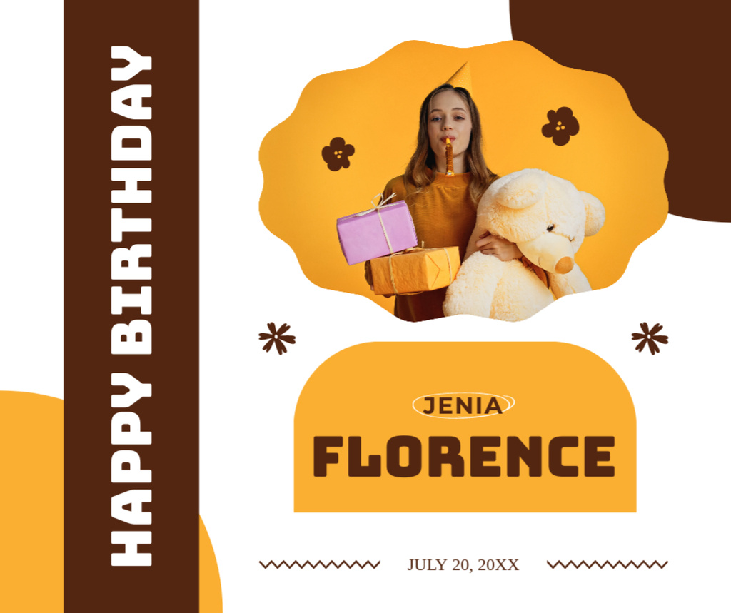 Happy Birthday to Cute Girl with Teddy Bear Facebookデザインテンプレート