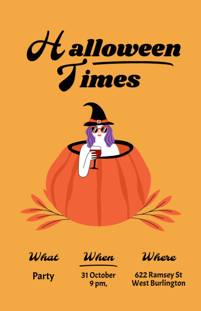 Ontwerpsjabloon van Invitation 5.5x8.5in van Halloween Celebration Announcement with Witch in Pumpkin