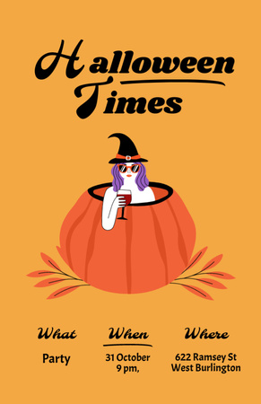 Halloween Celebration Announcement with Witch in Pumpkin Invitation 5.5x8.5in Design Template