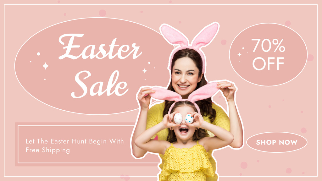 Cheerful Child and Mother in Rabbit Ears for Easter Sale FB event cover Tasarım Şablonu